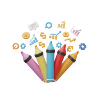 Colorful markers are displayed with financial graphs, coins, and gears representing growth and brainstorming for business use. png