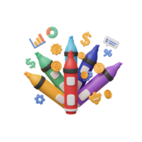 Colorful markers are surrounded by symbols of money, graphs and communication in a 3D render, suggesting financial and strategic planning. png