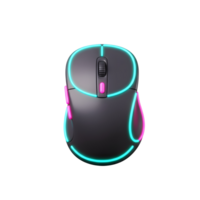 A gray wireless computer mouse featuring neon blue and pink illumination is displayed on a white background for gaming. png