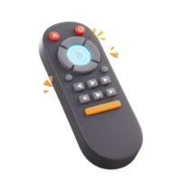 A gray remote control with glowing blue center and orange buttons is shown in a 3D render, useful for controlling media devices. png