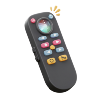 This is a 3D rendering of a television remote control featuring multiple colorful buttons for easy channel surfing and media playback. png