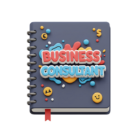 A business consultant notebook is illustrated with colorful shapes and positive symbols to visually communicate business advice. png