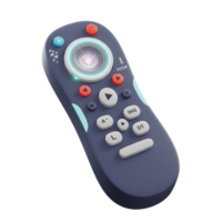 A dark blue remote control with various buttons for control is displayed, showing its functionality in operating electronic devices. png