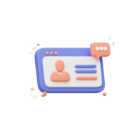 3D rendering illustrates a profile page with a user avatar, information lines, and a chat bubble, suitable for showcasing user interaction or personal account settings. png