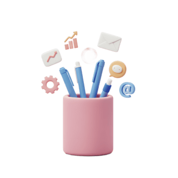 penne sedersi nel un' rosa contenitore con grafica di grafici, ingranaggi, e e-mail simboli galleggiante in giro loro, quale poteva essere Usato per illustrare marketing o attività commerciale concetti. png