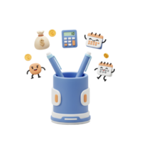 A cartoon style illustration with a pen holder, money bag, calculator, and calendars represents financial planning and scheduling. png
