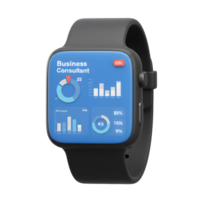 A smartwatch displays charts and financial data, providing real time insights for business monitoring. png