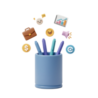 A blue pen holder contains pens surrounded by floating business related icons, indicating their potential use in business related designs. png