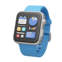Close up of a blue smartwatch displaying different app icons on the screen, shown for tracking information. png