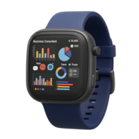 A smartwatch with a screen displaying charts, graphs, and the text 'Business Consultant' offers a way to monitor data for professionals. png