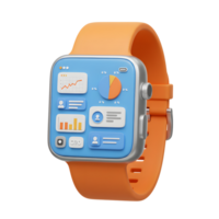 A 3D rendering of a smartwatch displays charts, percentages, and profile icons, suggesting data analysis and user management, for visualizing information. png