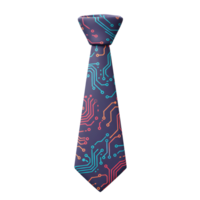 A purple tie with a circuit board pattern in orange and blue is on a white background, it can be worn to show love for tech. png