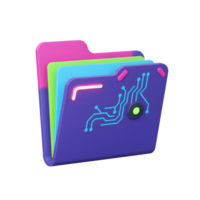 This 3D rendered folder features a circuit board design and stacked layers of pink, green, and blue, symbolizing data organization for digital storage. png