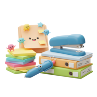 A cartoon depiction of office supplies including a stapler, pen, sticky notes, and folders creates a playful scene, perfect for illustrations or graphics. png