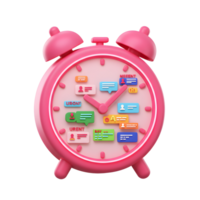 A pink alarm clock is depicted with message bubble icons instead of numbers, representing social media or communication reminders for scheduling. png