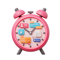 A pink alarm clock with icons representing appointments, reports, breaks, and other tasks to show time management for productivity. png