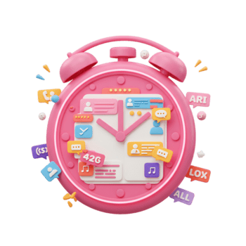 Pink alarm clock displaying notifications from social media apps represents the concept of digital communication and time management for social networking usage. png