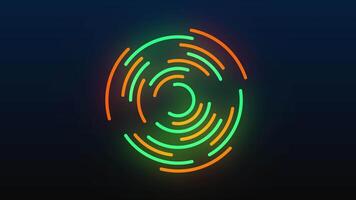 Neon glowing orange and green circle frame isolated on gradient background, repetitive motion animation 4K video