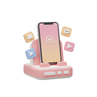 Pink phone sits on a matching holder with play and chat icons floating around, suitable for social media promotion. png