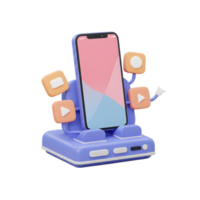 A smartphone sits in a violet base with floating social media icons, creating a whimsical and playful aesthetic perfect for advertising or demonstrating mobile applications. png