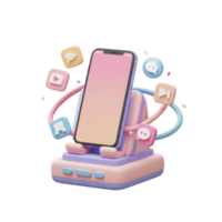 3D rendered smartphone sits on a colorful stand surrounded by app icons, perfect for illustrating technology or communication applications. png