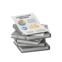 A stack of books features a report with charts and graphs, showcasing data analysis for consultant projects. png