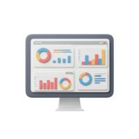 3D rendered computer screen shows charts and data in multiple windows, highlighting key metrics and insights for business and reporting. png