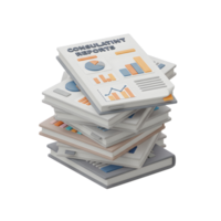 A stack of consultant reports with charts and graphs are shown for business analysis. png