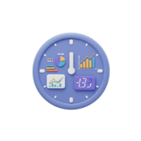 A blue clock is decorated with colorful charts and digital numbers, representing time management for data analysis and business planning. png