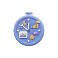 This stylized clock displays various business charts and financial figures, perfect for illustrating time management and financial tracking concepts. png
