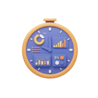 A clock displaying data charts and a list indicates the importance of time management and real time analytics. png