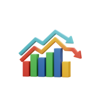 A colorful 3D rendering shows a chart with bars and arrows indicating trends, which can be used to represent data or statistics. png