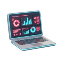 A laptop displays colorful data visualizations with a modern, neon lit frame, suitable for data analysis and presentations. png