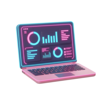 A laptop computer displays various data charts in a modern, neon style, suitable for business presentations or visualizing information. png