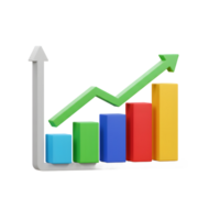 Colorful 3D bar chart demonstrates upward growth with a rising green arrow, visualizing progress and success in presentations. png