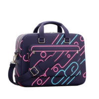 This blue laptop bag features a stylish neon pattern and adjustable shoulder strap, making it suitable for carrying a computer or business essentials. png
