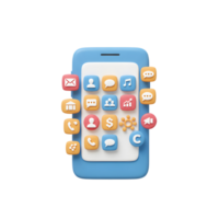 A blue and white cartoon style mobile phone displays various app icons, representing digital communication and functions for everyday use. png