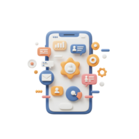 A stylized mobile phone displays various communication icons, including email, message, user profile, and graph, representing connectivity and digital interaction for web design. png