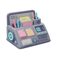 Gray desk organizer features pen, note, card and screen with music sign and small buttons for office or school use. png