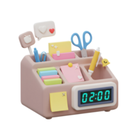 A pink desk organizer is filled with stationery items and has a built in digital clock, making it useful for keeping desks tidy and telling time. png
