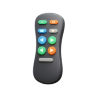 This is a 3D render of a remote control with colorful buttons that is used for televisions and media devices. png