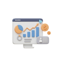 This 3D render features a monitor displaying financial data like graphs, pie chart and coin, visualizing data analysis and business growth for presentations or website illustrations. png