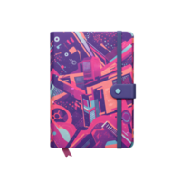 This closed notebook features an abstract, colorful city design and an elastic closure, perfect for jotting down notes and ideas. png