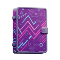A purple case features a vibrant geometric pattern with lines and shapes, creating a visually appealing design suitable for protecting electronic devices or accessories. png
