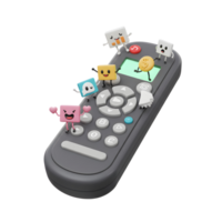A group of cute cartoon squares and coin character are standing on a remote control, suggesting a playful user experience. png