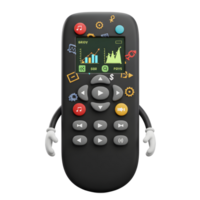 A cartoon remote control with a screen displaying charts and several buttons, is shown for controlling devices. png