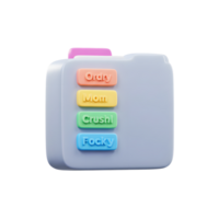 An illustration of a gray folder with colorful labels, displaying titles Ordry, Mom, Crushl, and Focky, demonstrating file organization. png