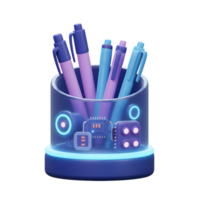 A pen is in a futuristic holder with neon and tech design elements, ideal for a modern workspace. png