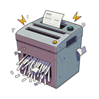 A cartoon paper shredder shreds a document with energy bolts and paper scraps flying, representing document destruction for security. png