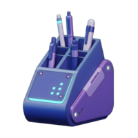 A blue and purple desk organizer holds various pens, showing an organized storage solution for writing utensils. png